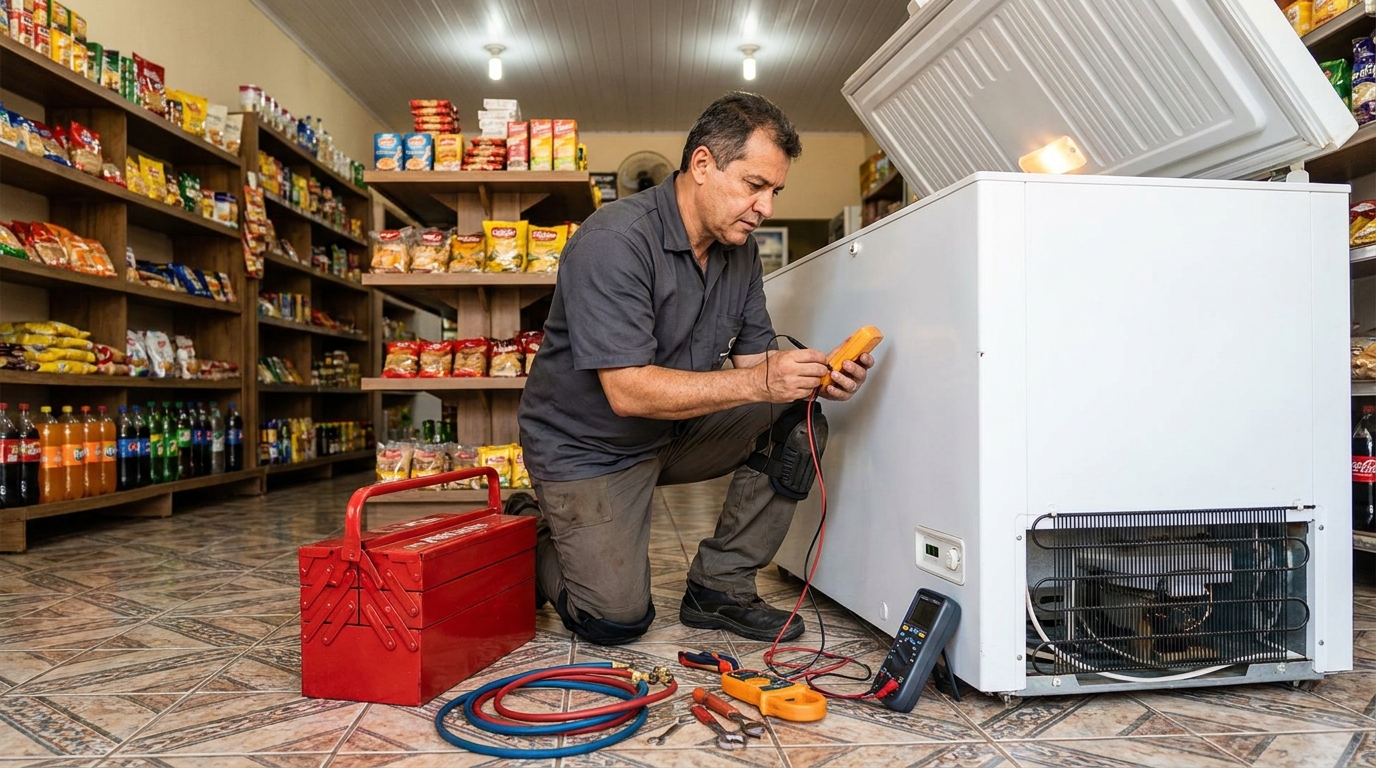 Recarga de gás refrigerante no freezer durante atendimento em Santo André‑SP