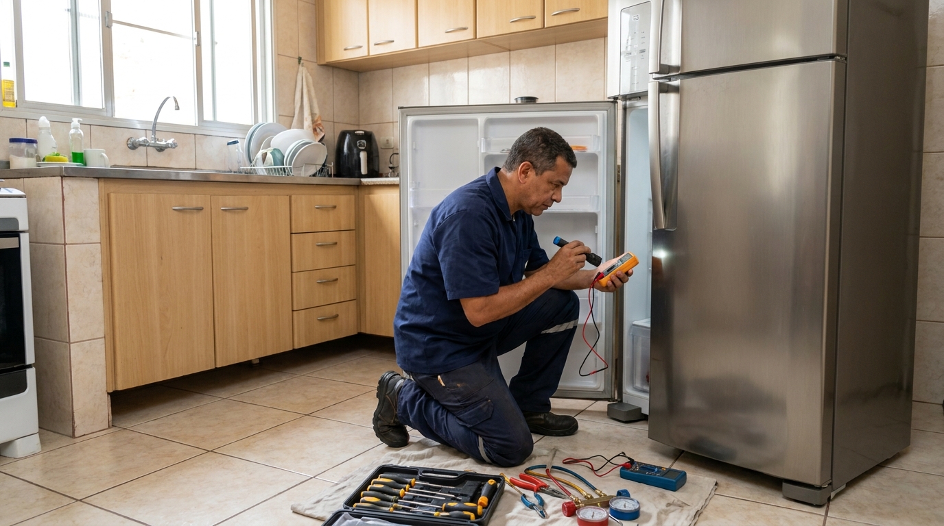 Técnico aplicando recarga de gás refrigerante em geladeira em Araçaúva, Santo André‑SP